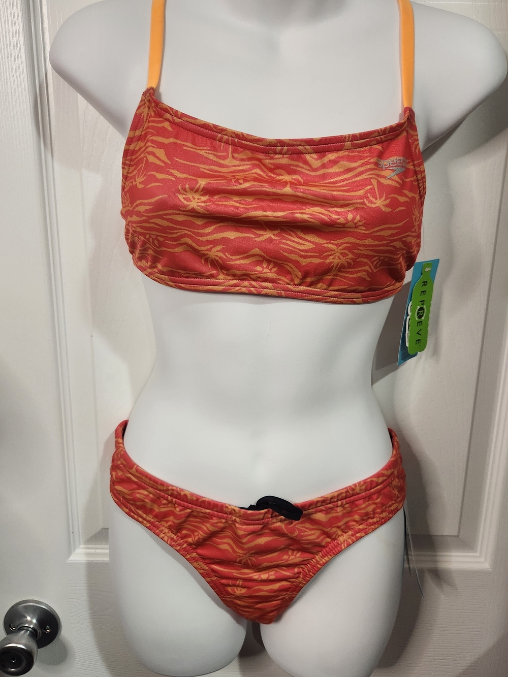 Speedo Women's NWT 2 Piece Bikini Swimsuit Coral Orange Tropical Palm Print